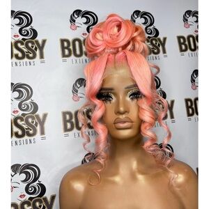 Pink pin curl ponytail wig